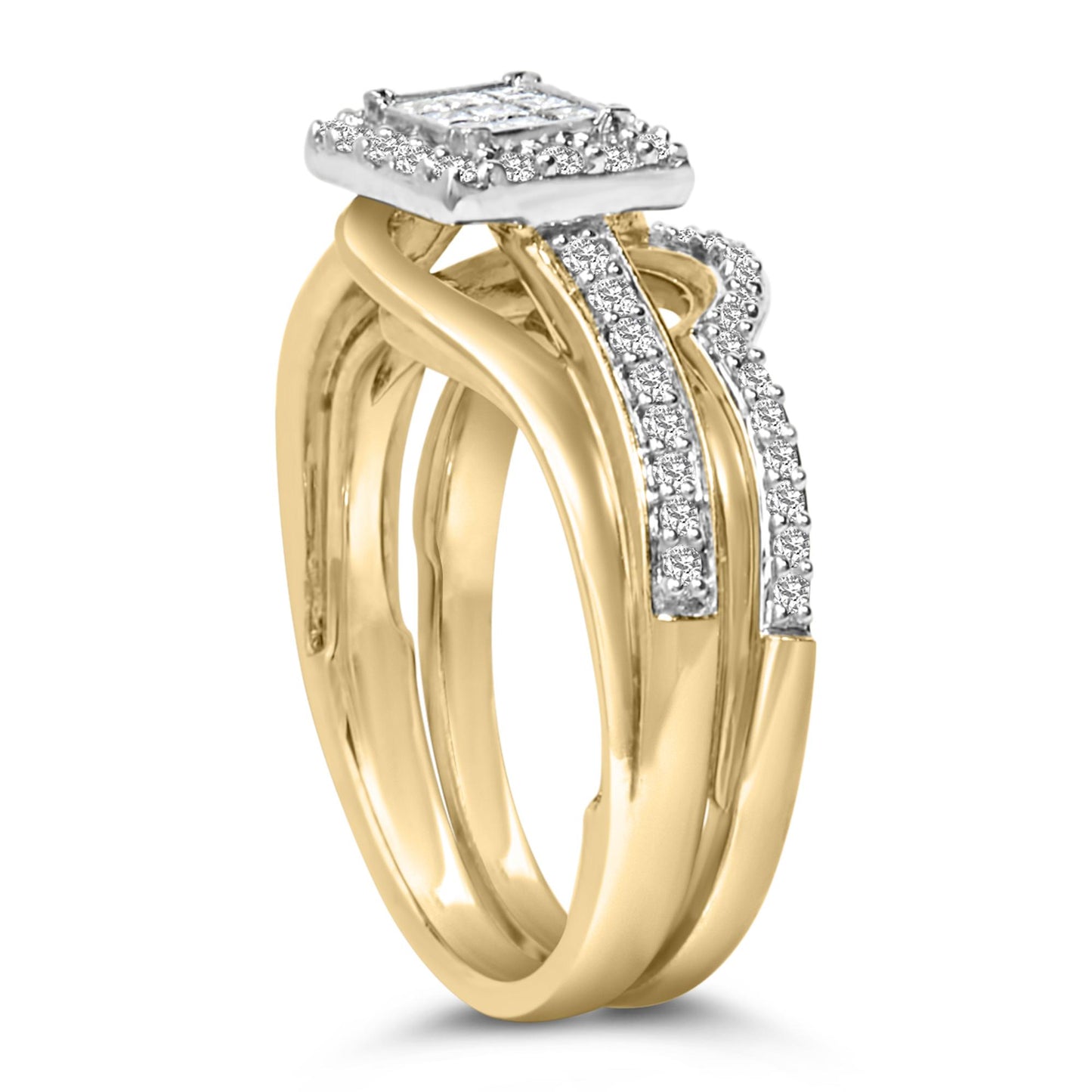 Close-up front angle view of a yellow and white ring featuring a square cluster of princess-shaped white gemstones in an invisible setting, with two bands accented by round white gemstones in a shared prong setting.