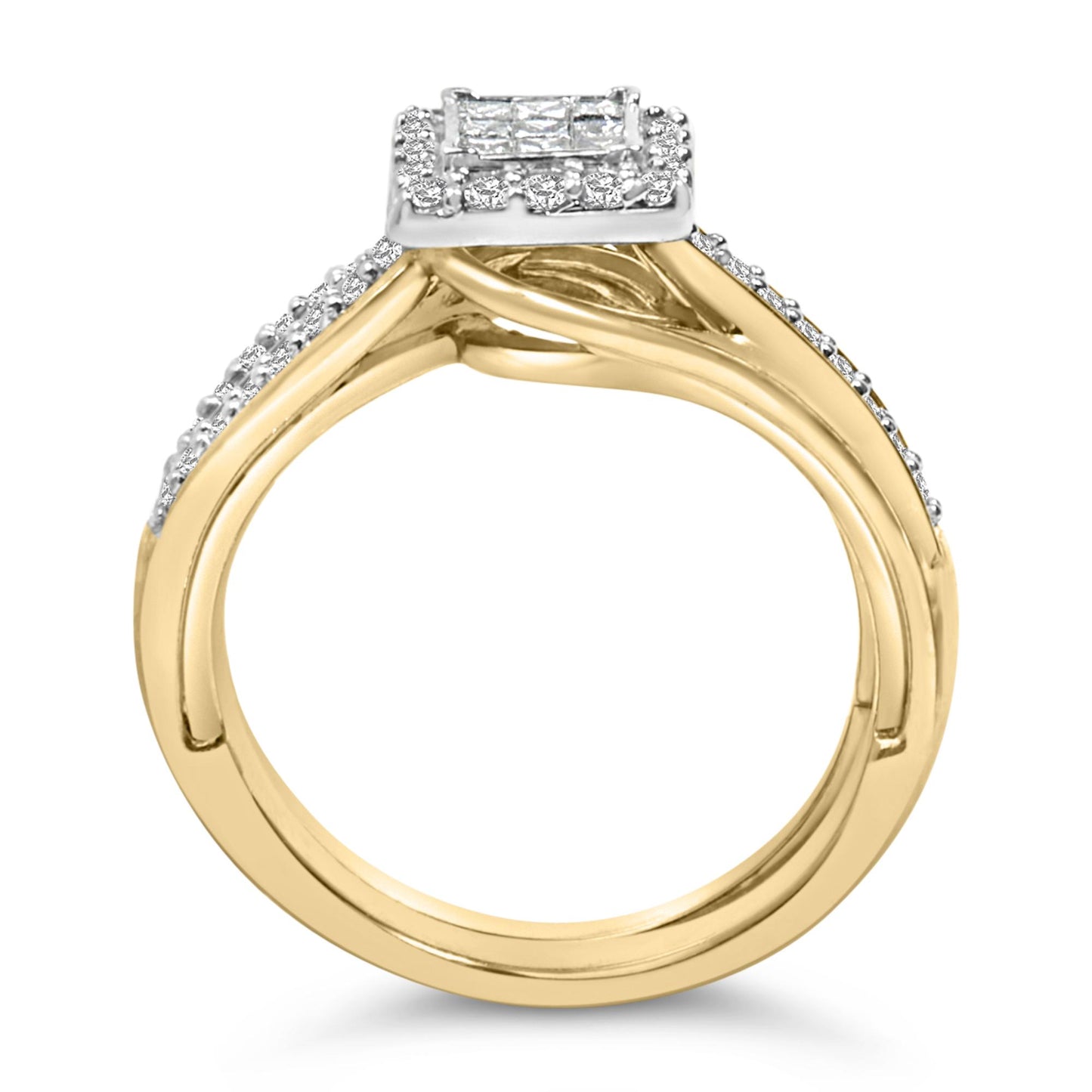 Side view of a yellow and white metal ring with a square cluster of princess-shaped white gemstones in invisible setting, surrounded by round white gemstones in shared prong setting along the band.