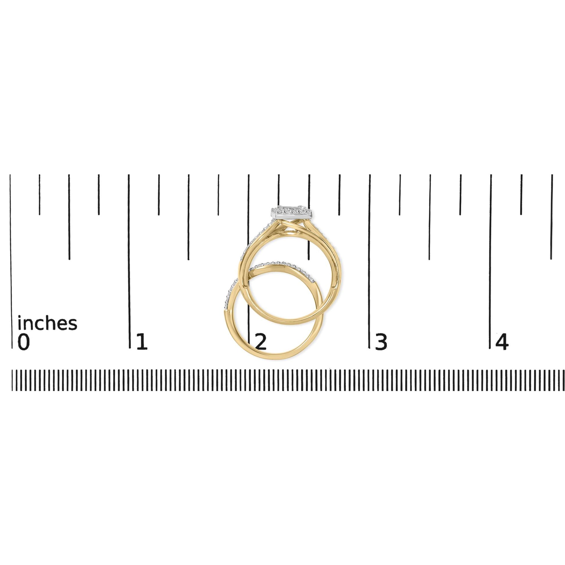 Two yellow and white rings with white princess-shaped gemstones in an invisible setting and white round-shaped gemstones in a shared prong setting, shown on a ruler scale from a top angle.