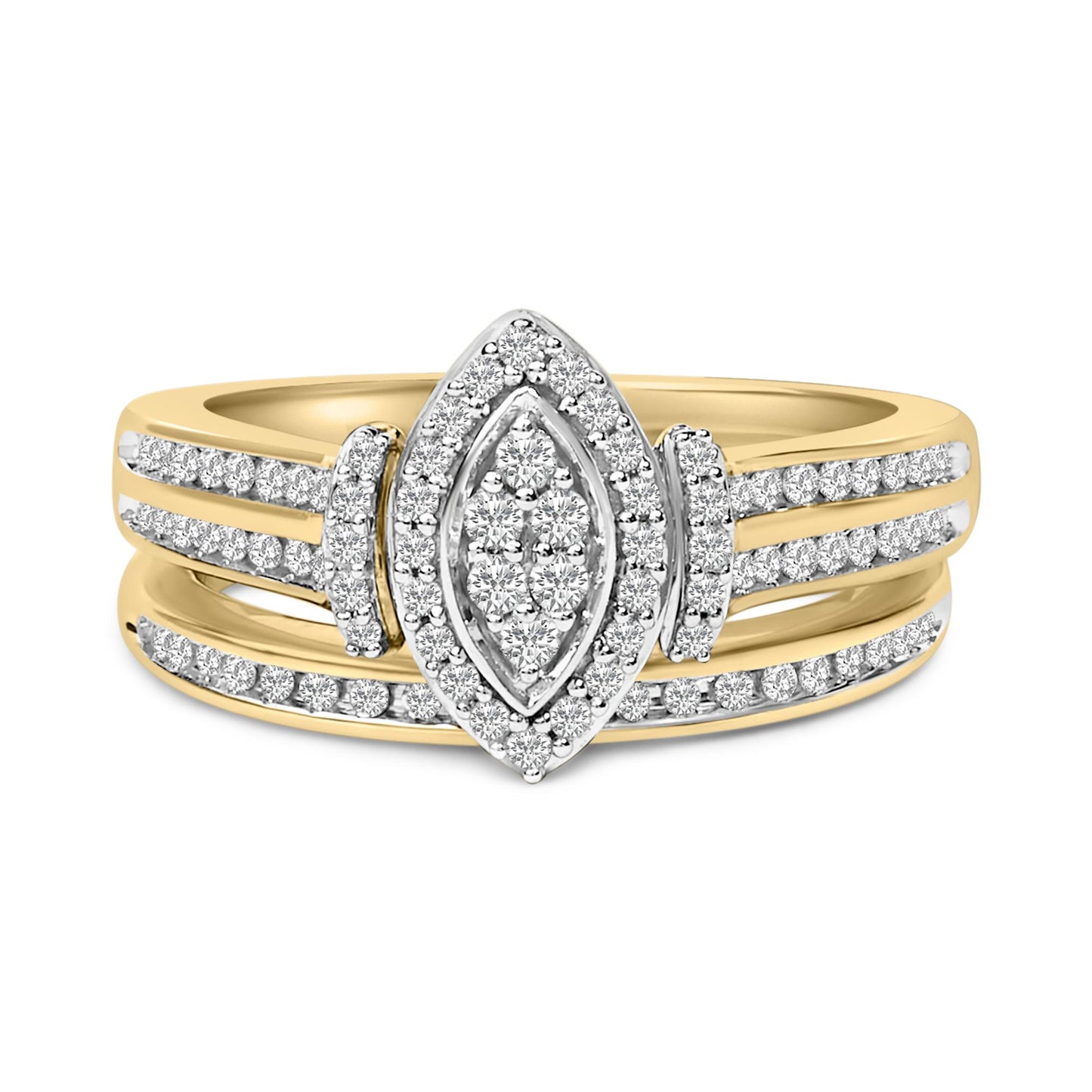 Front view of a two-tone ring featuring a marquise-shaped cluster of white gemstones in an invisible setting at the center, with additional white gemstones embedded along split bands.