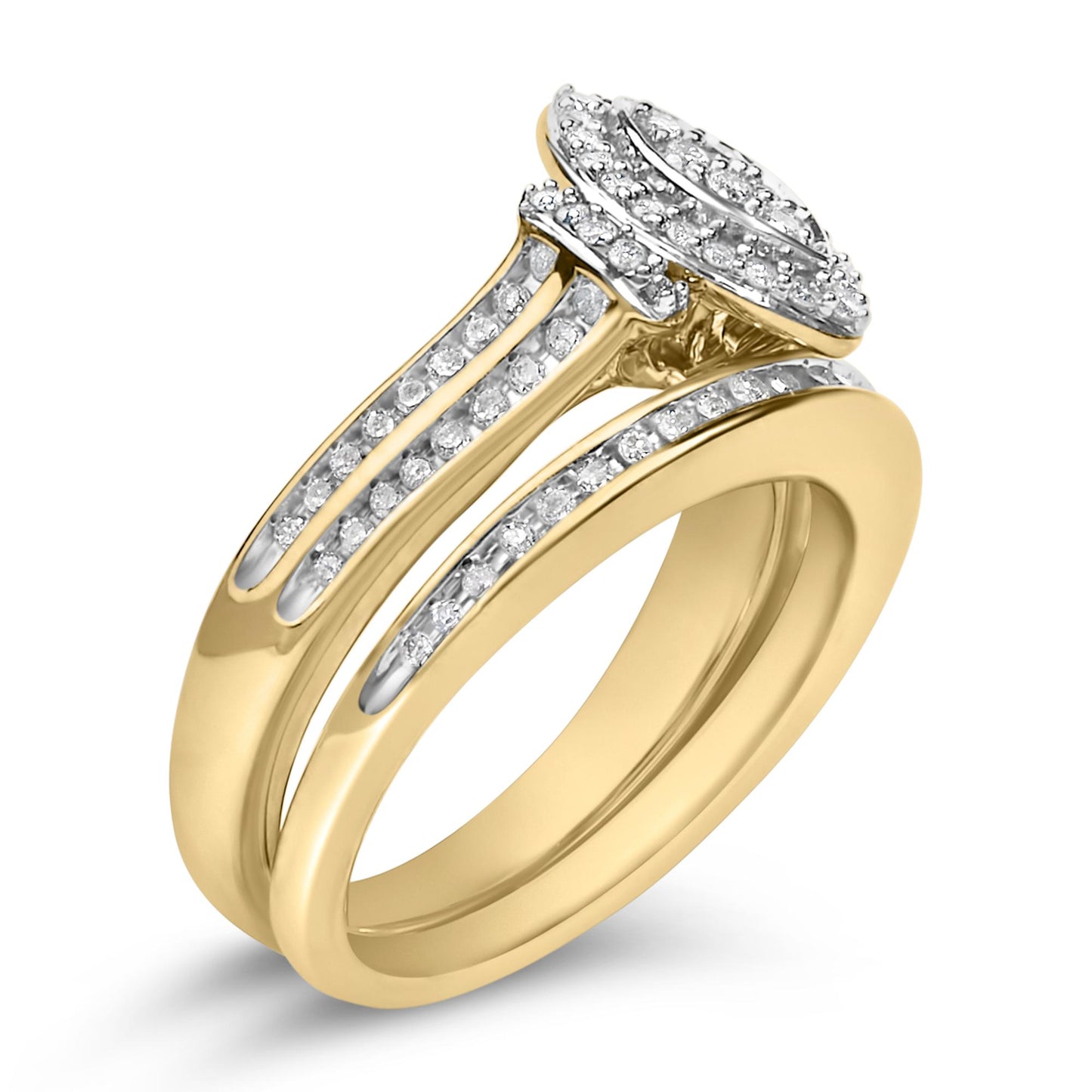 Close-up angled view of a yellow and white metal ring featuring round white gemstones in invisible setting along the band and on a marquise-shaped cluster at the top.