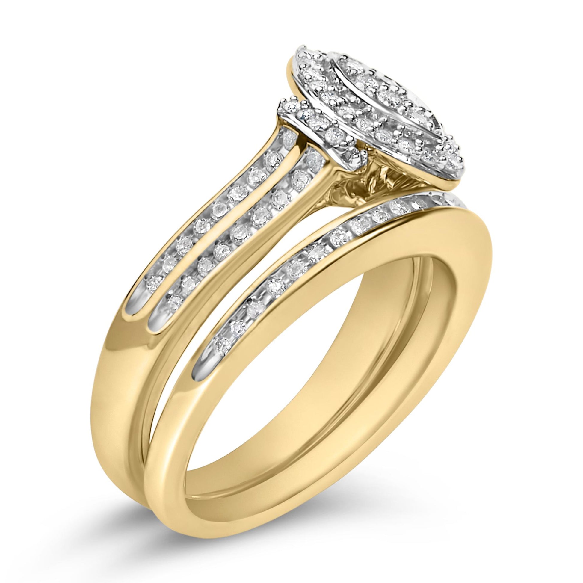 Close-up angled view of a yellow and white metal ring featuring round white gemstones in invisible setting along the band and on a marquise-shaped cluster at the top.