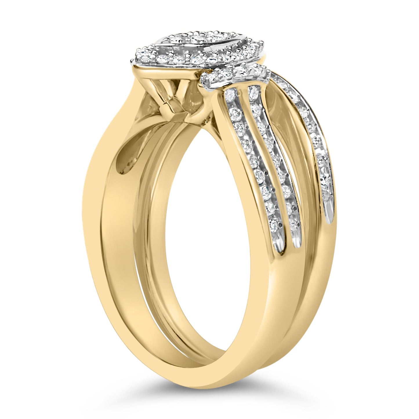 Close-up angle of a yellow and white metal ring featuring round white gemstones in an invisible setting along the top and sides.