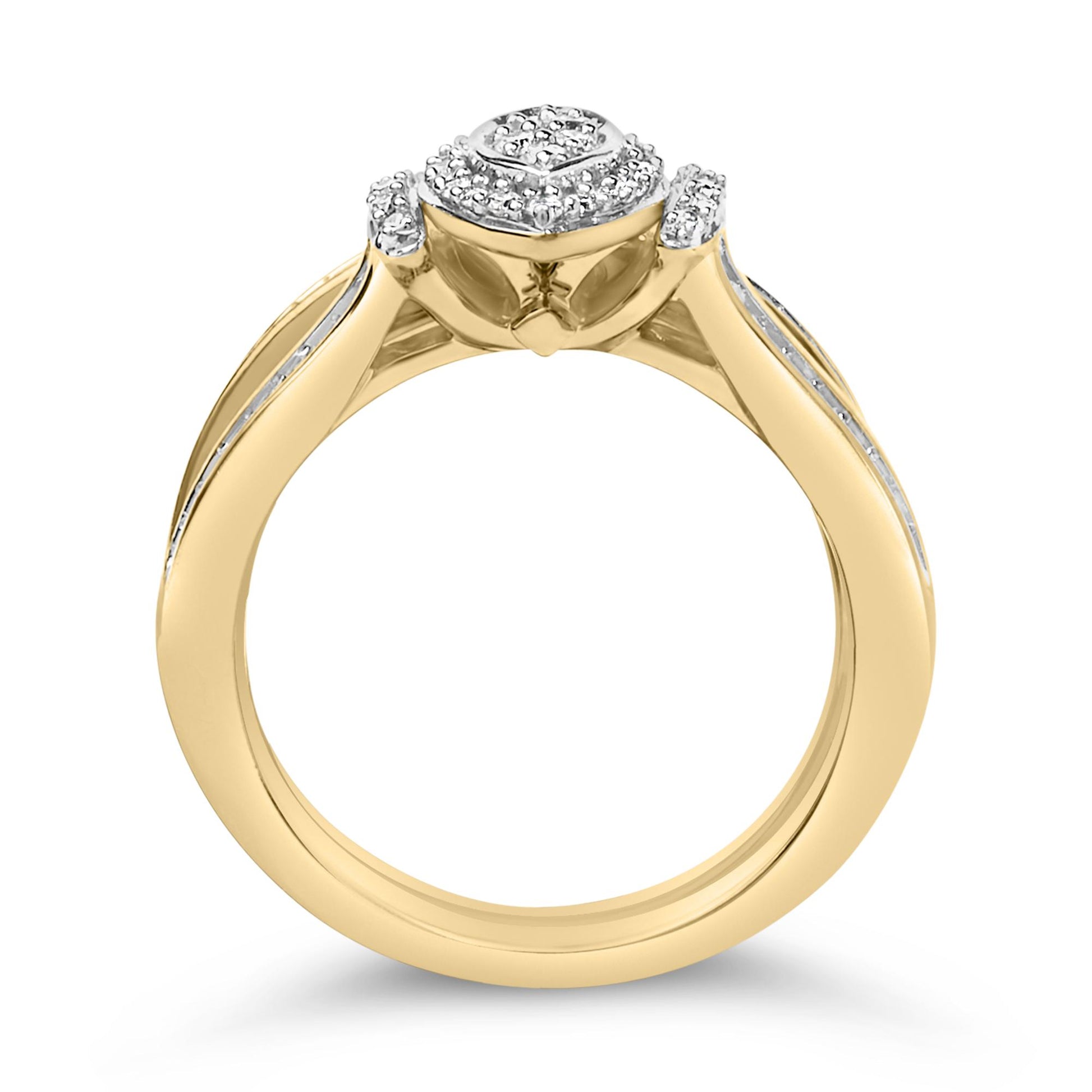 Front angle view of a yellow and white metal ring with round white gemstones set in an invisible setting on the top and sides.