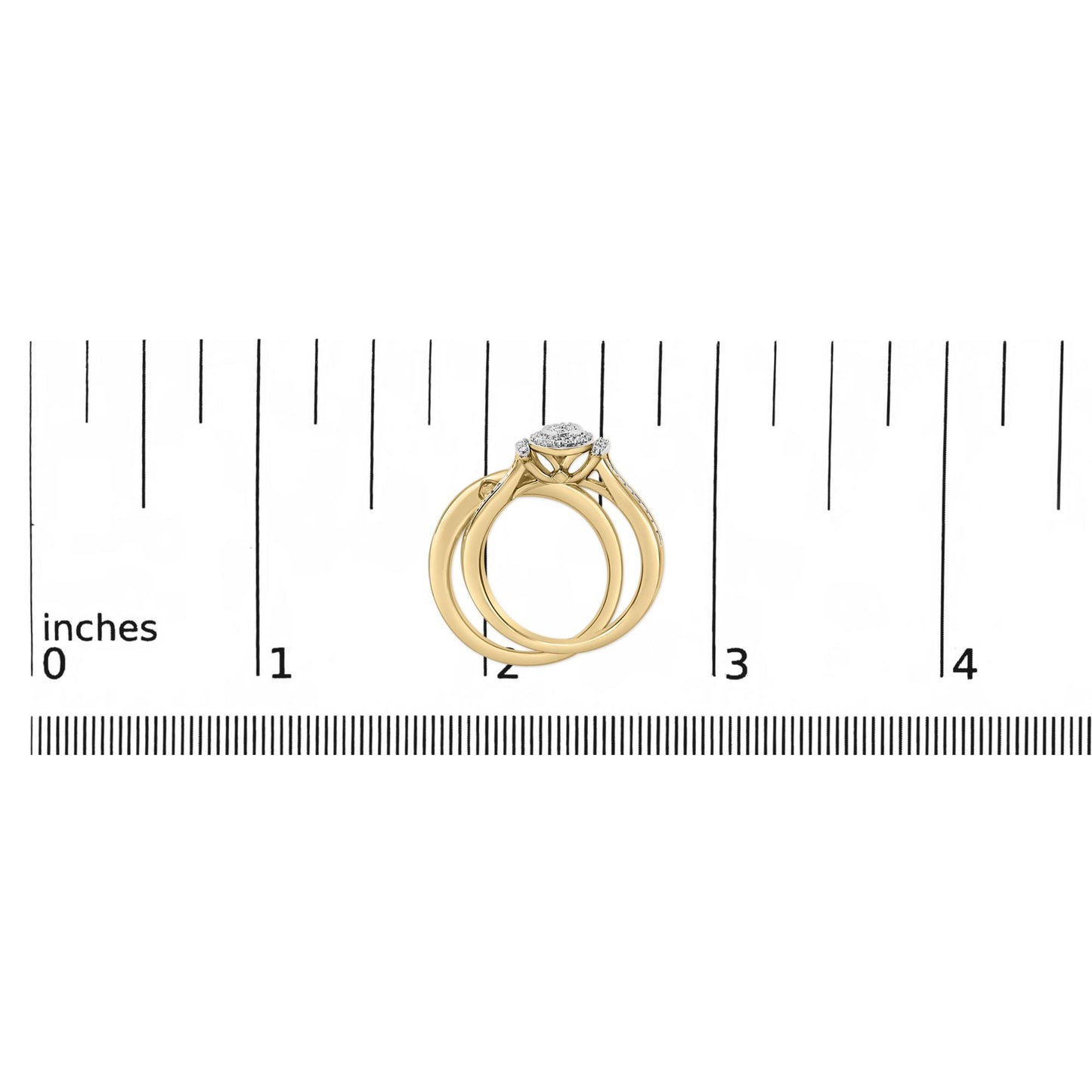 Two rings shown on a scale, side view angled to display round-shaped white gemstones in an invisible setting on yellow and white metal bands.