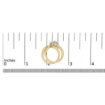Two rings shown on a scale, side view angled to display round-shaped white gemstones in an invisible setting on yellow and white metal bands.