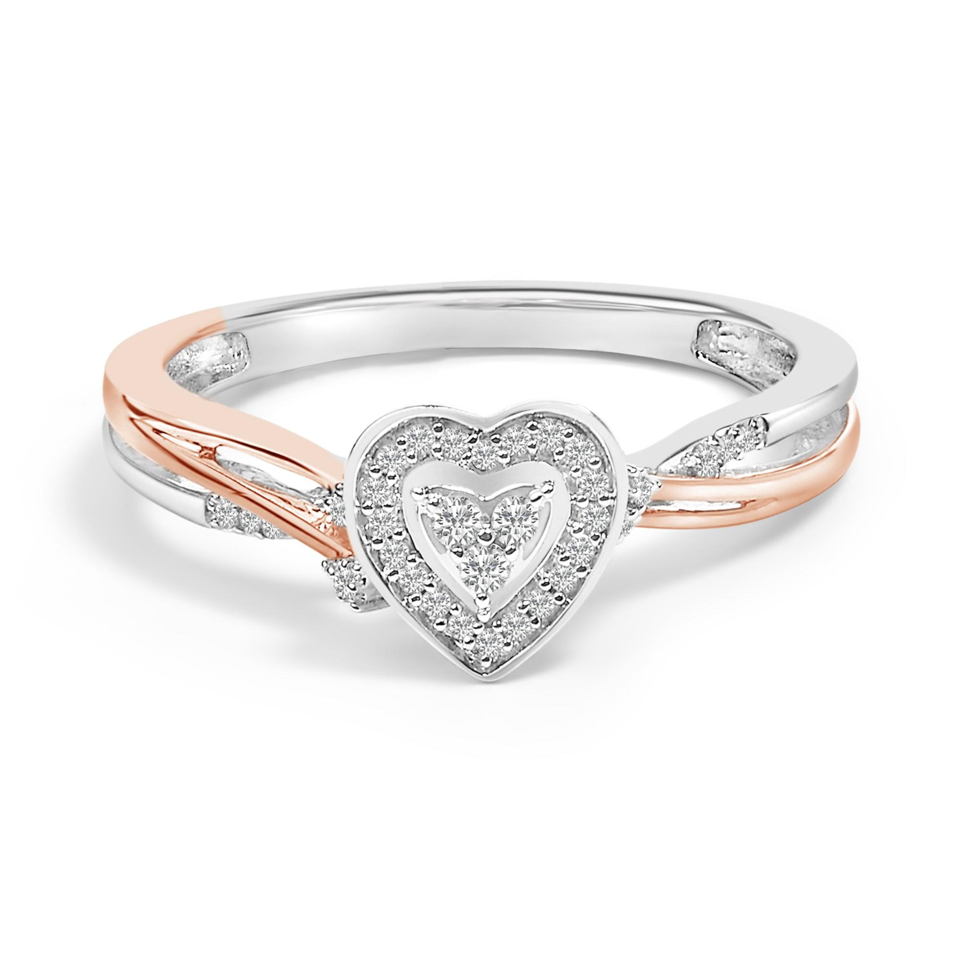 Ring shown from the front angle, featuring a heart-shaped centerpiece with white gemstones, a twisted band design in white and rose metal colors, and additional white gemstones along the band.