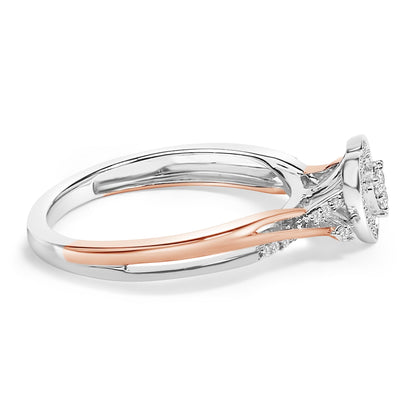 Close-up side angle of a ring with intertwined white and rose metal bands, featuring a round cluster of white gemstones in prong settings on top.