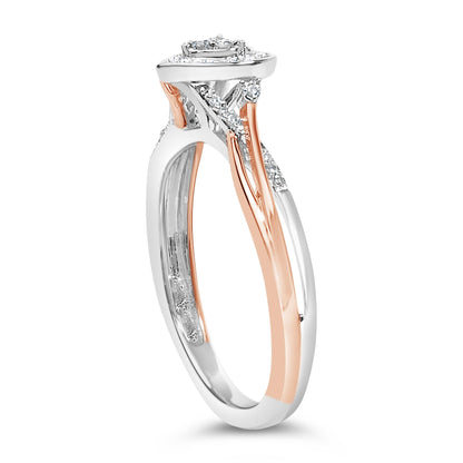 Side angle view of a two-tone ring with white and rose metal colors, featuring round white gemstones in prong settings along the band and around the elevated center setting.