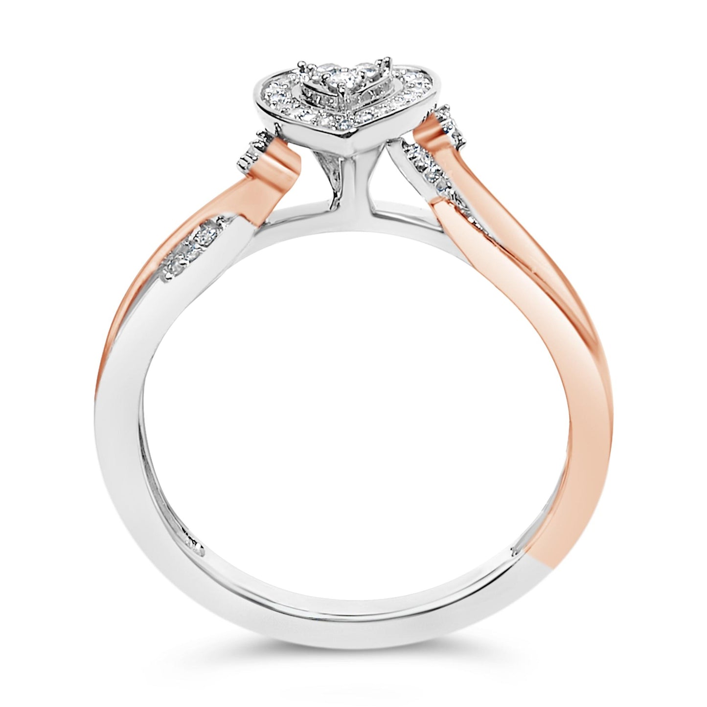 Close-up front angle of a white and rose metal ring featuring a heart-shaped top adorned with round white gemstones in prong settings.