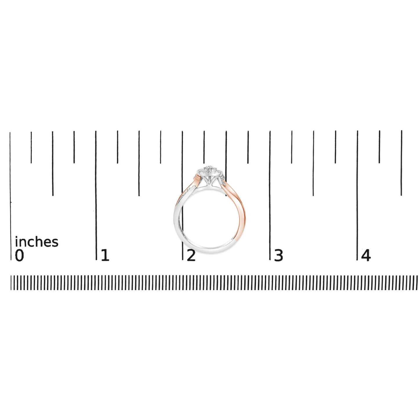Ring shown on a scale, viewed from the side, featuring a band with white and rose metal colors and round prong-set white gemstones.