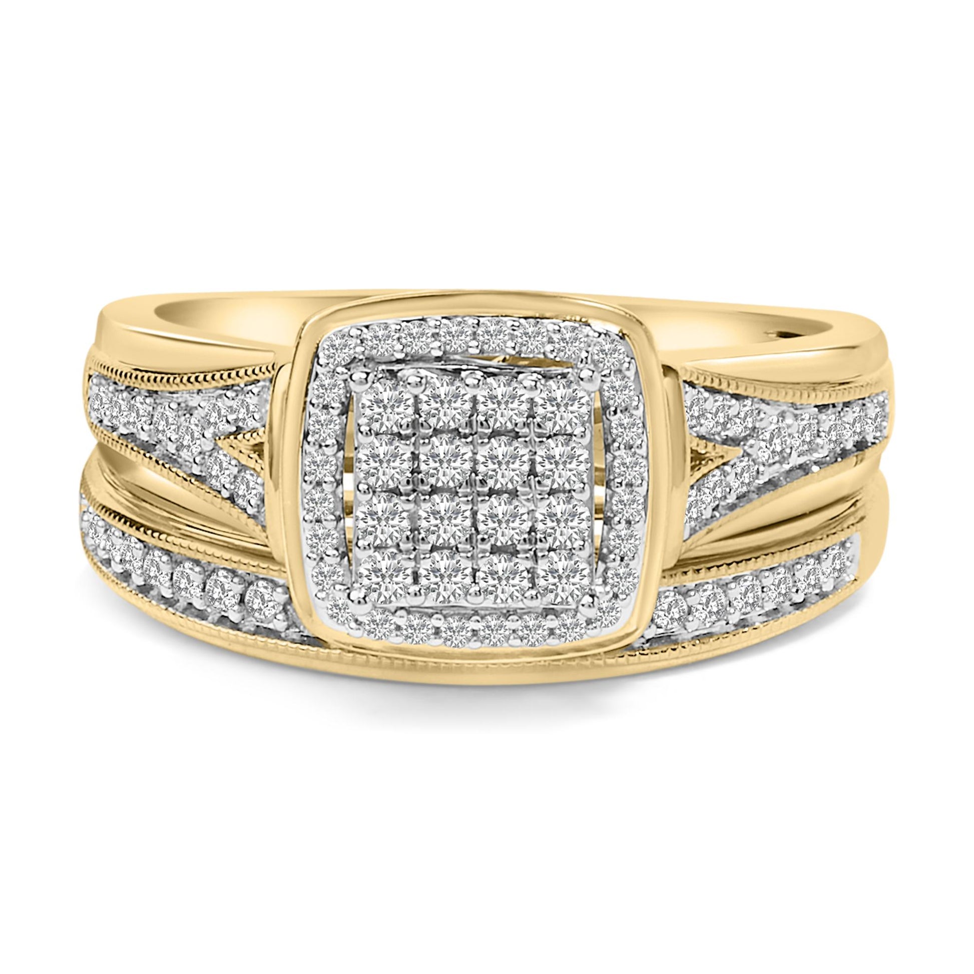Front angle close-up of a yellow and white metal ring featuring a square cluster of round white gemstones in the center with additional rows of round white gemstones along the split band.