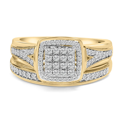 Front angle close-up of a yellow and white metal ring featuring a square cluster of round white gemstones in the center with additional rows of round white gemstones along the split band.