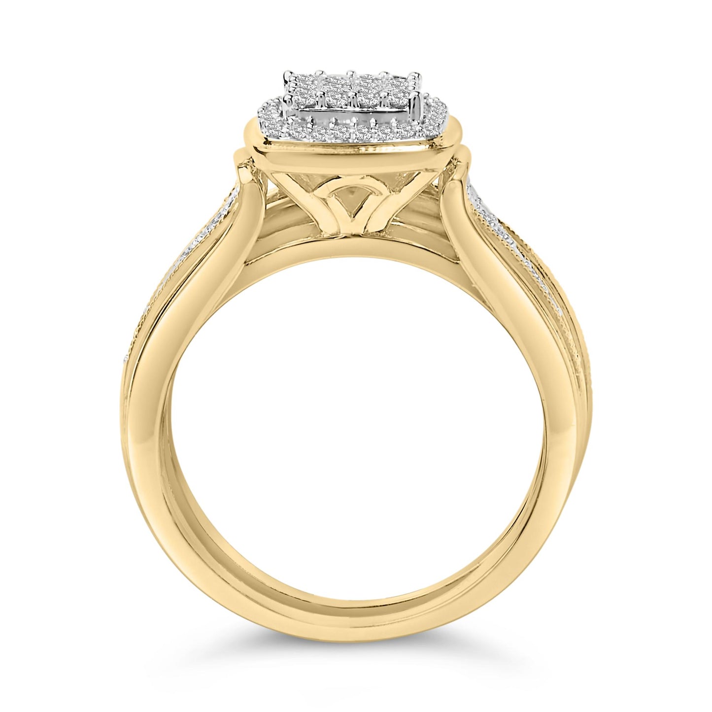Close-up front angle of a yellow and white metal ring featuring a rectangular cluster of round white gemstones set in prongs on top, with additional white gemstones along the band sides.