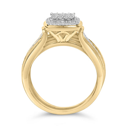 Close-up front angle of a yellow and white metal ring featuring a rectangular cluster of round white gemstones set in prongs on top, with additional white gemstones along the band sides.