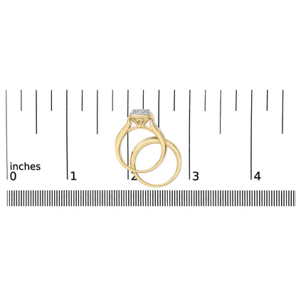 Top-down view of two yellow and white metal rings shown on a scale. One ring features multiple small round white gemstones in a prong setting on the top.