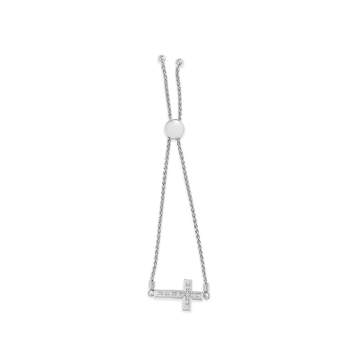 White metal bracelet with adjustable double chain and horizontal cross pendant featuring pave-set round white gemstones, shown against a white background from a top-down angle.