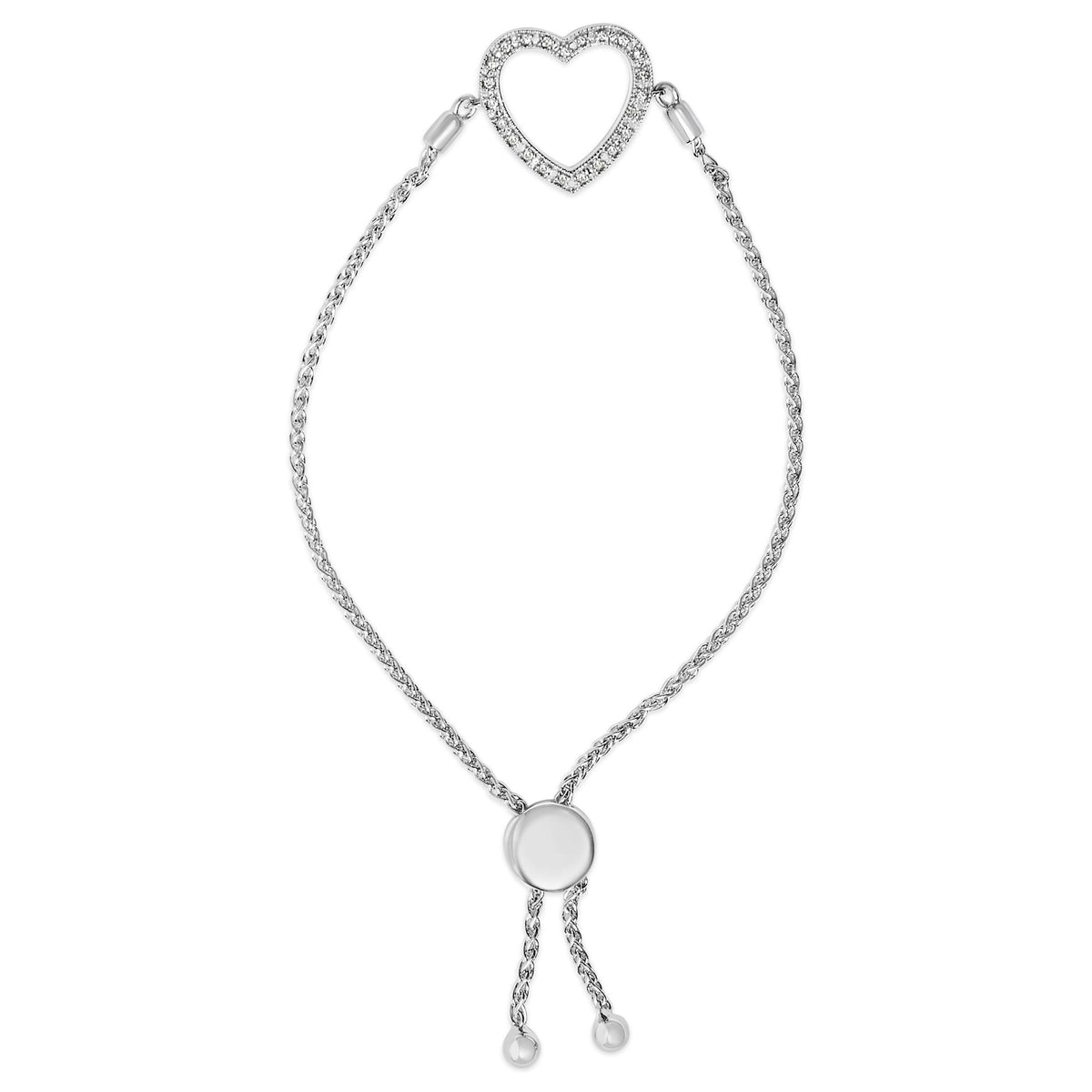 Sterling Silver Round Diamond Accent Open Heart Adjustable Bolo Bracelet