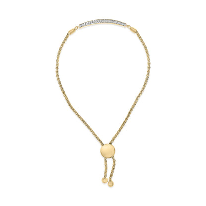 Yellow bracelet shown from the front on a white background with a horizontal curved bar featuring pave-set white gemstones at the top and a round slider with two chain ends at the bottom.