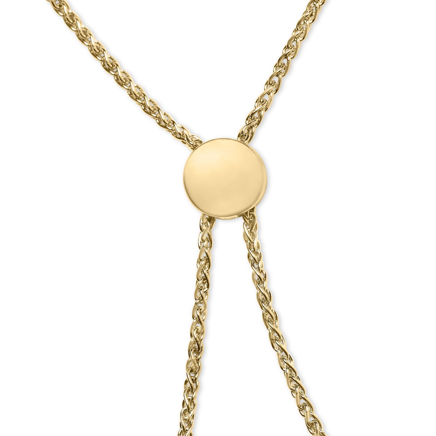 Close-up front view of a yellow metal bracelet with a circular centerpiece and no visible gemstones.