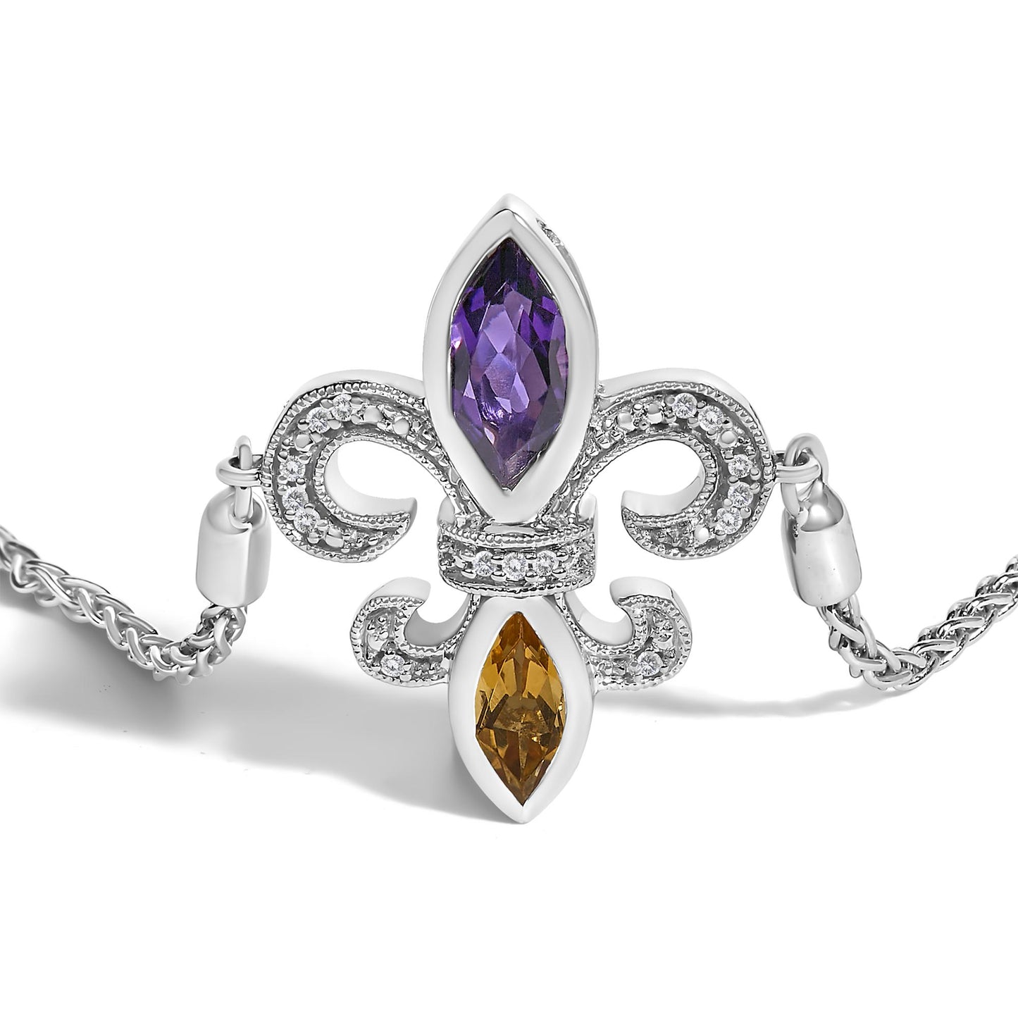 White metal bracelet with an ornate fleur-de-lis design featuring two marquise-shaped bezel-set purple and orange gemstones and multiple small pave-set white gemstones, shot from a front angle on a white background.