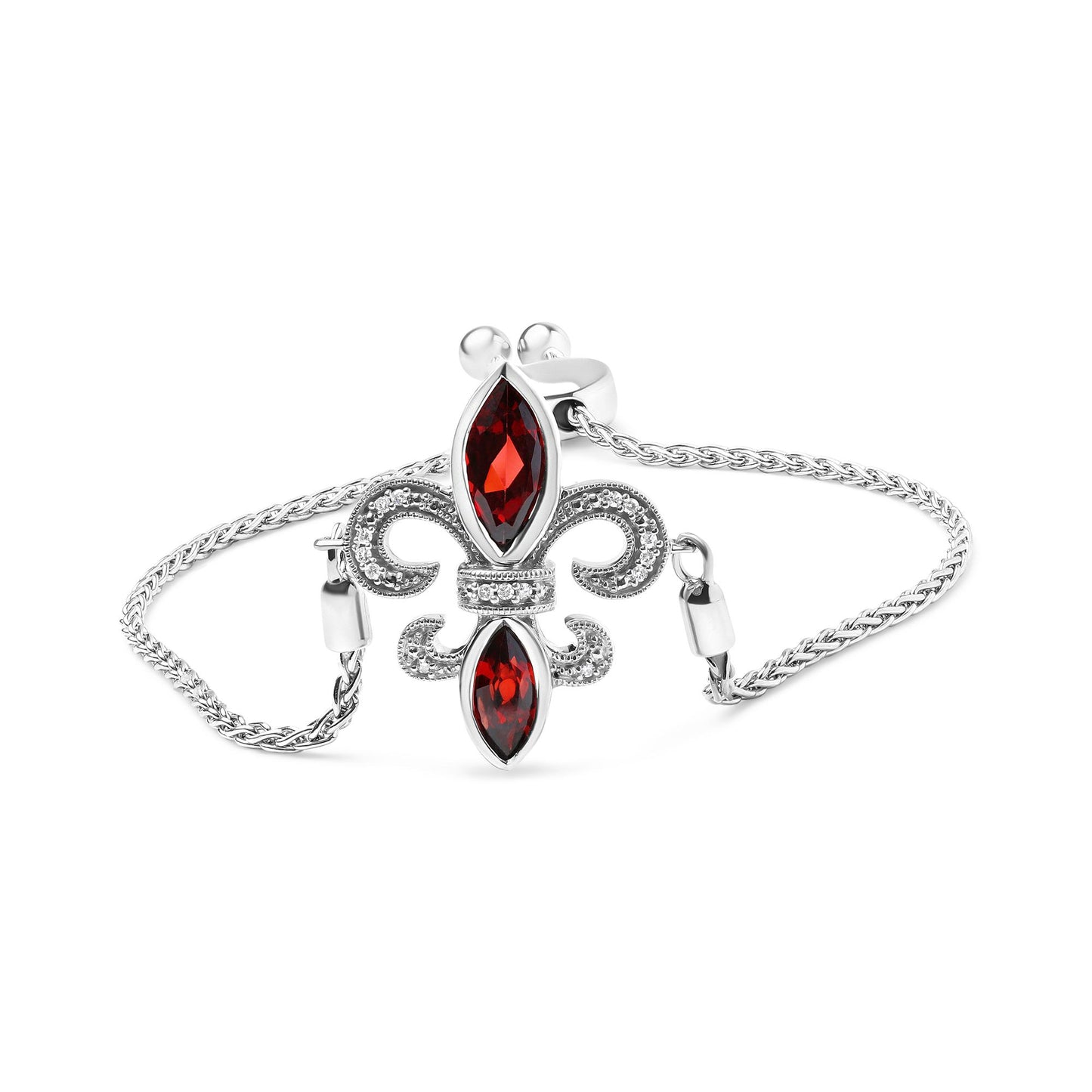 White metal bracelet with a fleur-de-lis centerpiece featuring two marquise-shaped red gemstones and round white gemstones in prong settings, shown from a front angle on a white background.