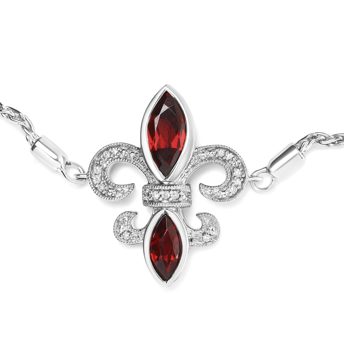 Close-up front angle of a white bracelet with a fleur-de-lis-shaped centerpiece featuring two marquise-cut red gemstones and small round white gemstones in prong settings.