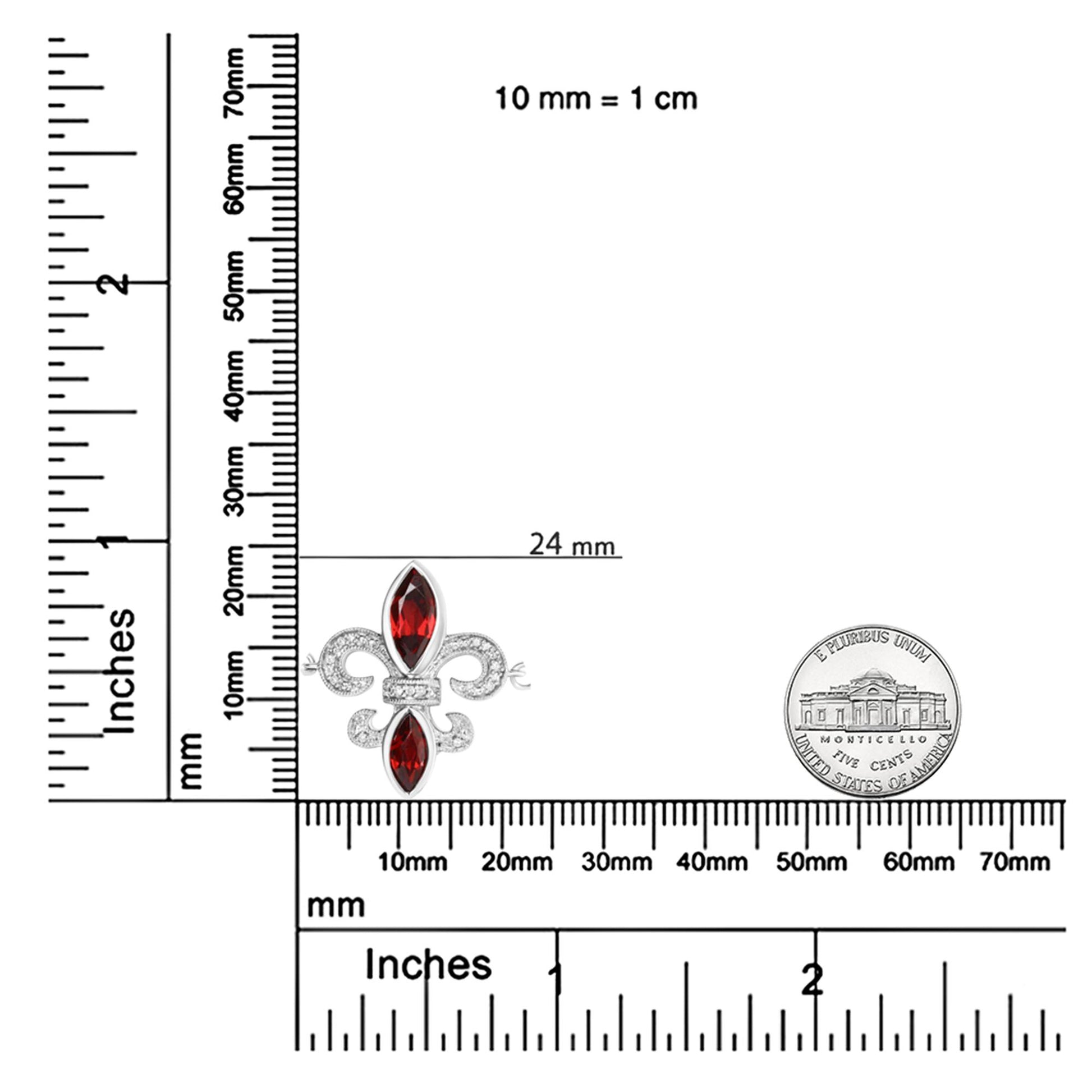 White metal bracelet charm with two marquise red gemstones and multiple small round white gemstones in prong setting, shown from top angle on a ruler and next to a US nickel coin for size reference.