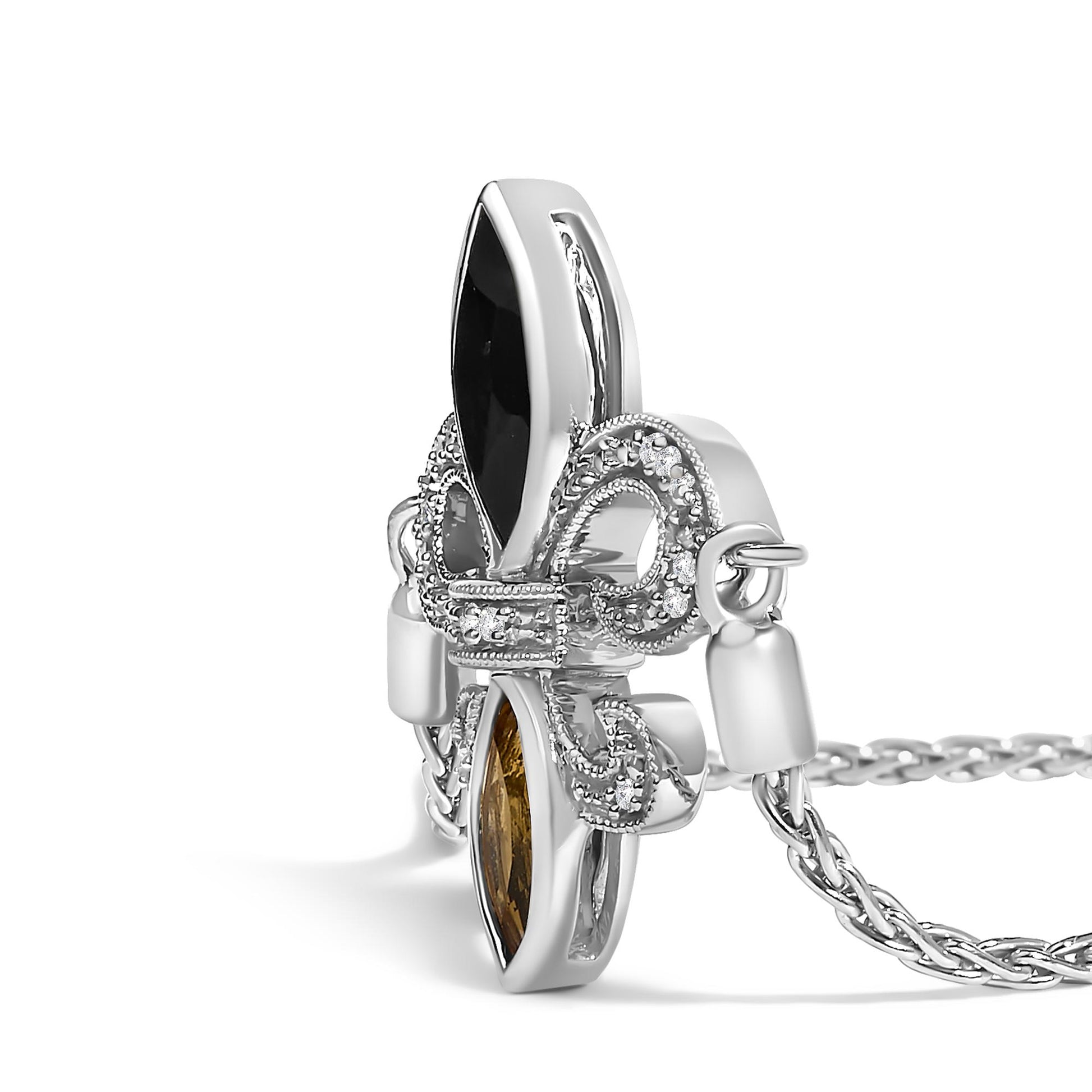 Close-up side angle of a white metal bracelet featuring an intricate design with small white gemstones in a pave setting and two marquise-shaped bezel-set gemstones, one black and one orange, attached to a braided chain.