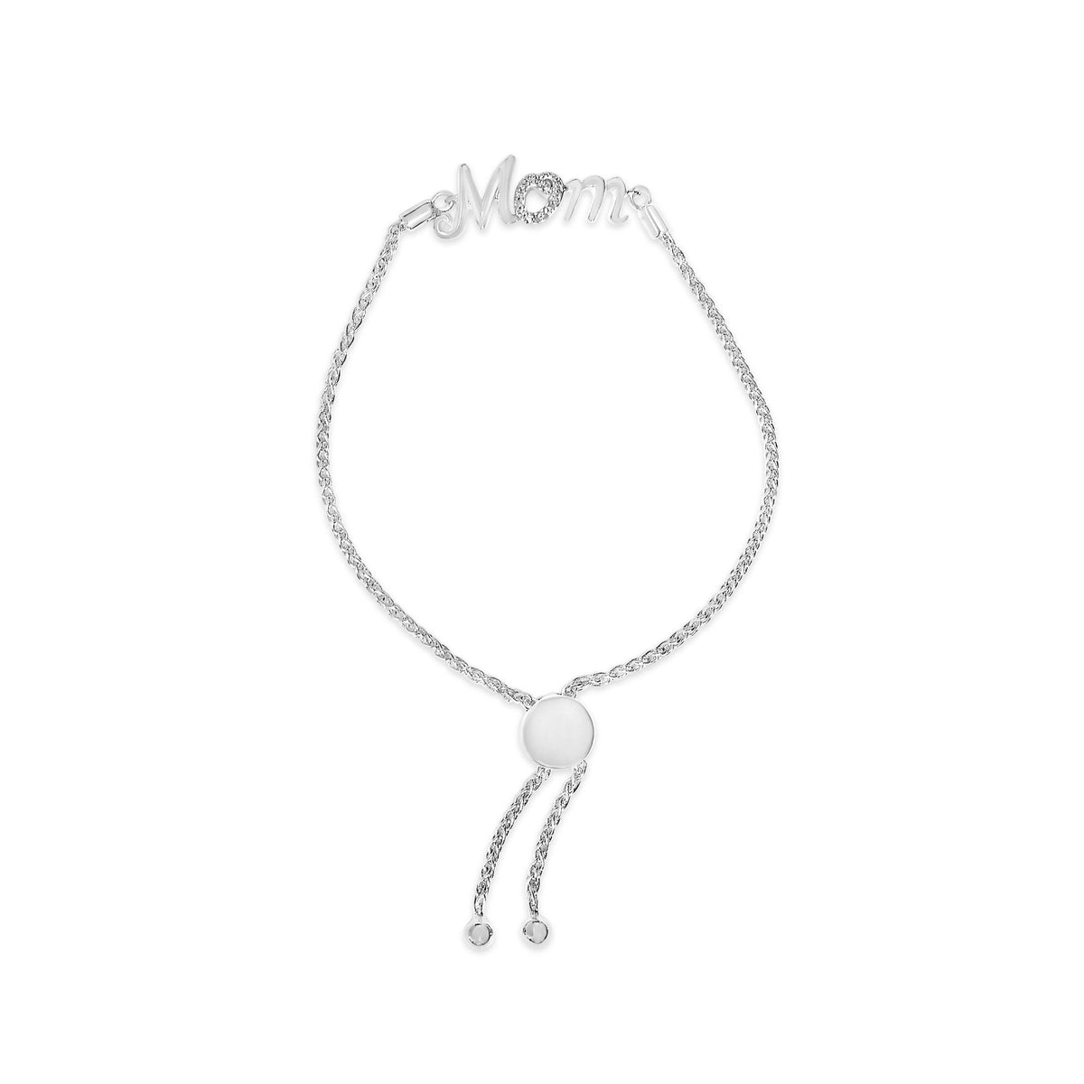 Close-up front view of a white bracelet with a chain and a 'Mom' word charm featuring round white gemstones in a pave setting, shown on a white background.