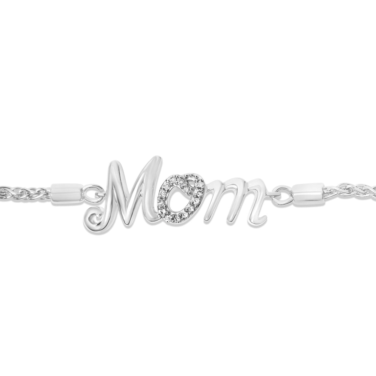 Close-up front angle of a white metal bracelet with the word 'Mom' spelled out, featuring pave-set round white gemstones on the letter 'O'.