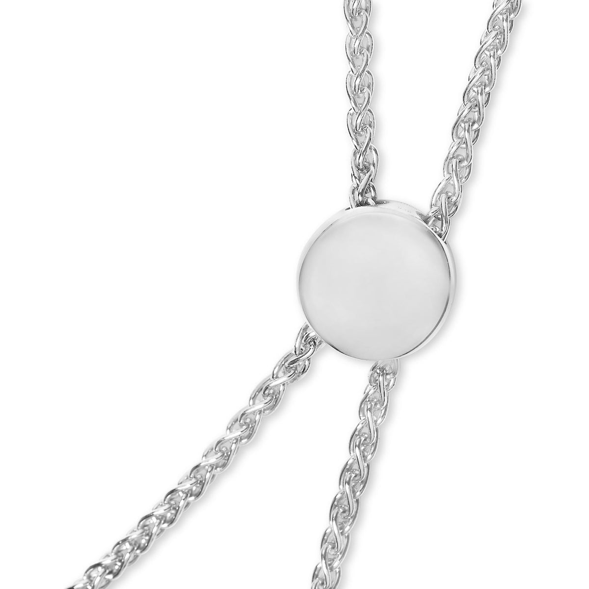 Close-up front angle of a white metal bracelet with a smooth circular center and a chain link band, shown on a white background.