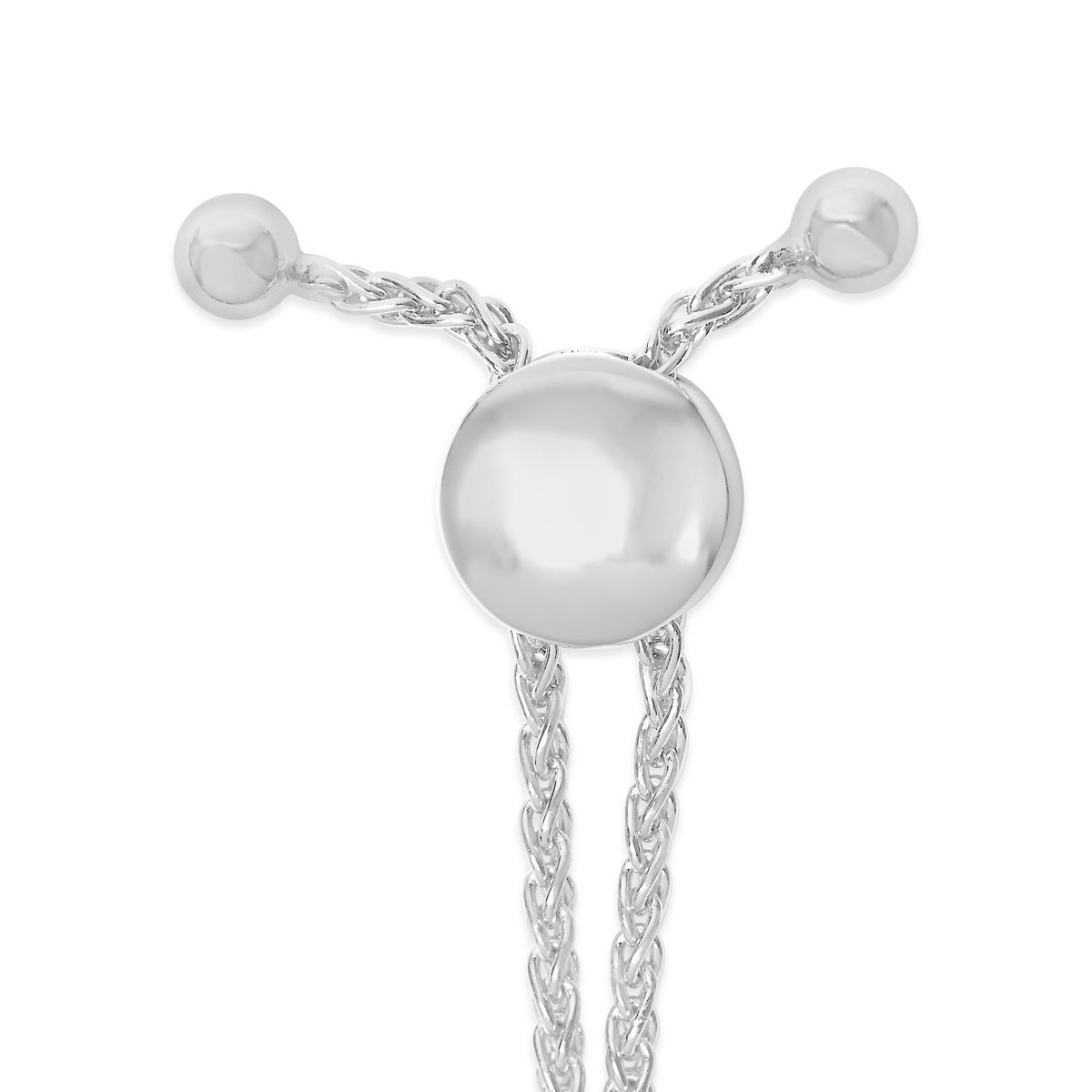 Close-up front view of a white metal bracelet with a circular element and braided chain details, shown on a white background.