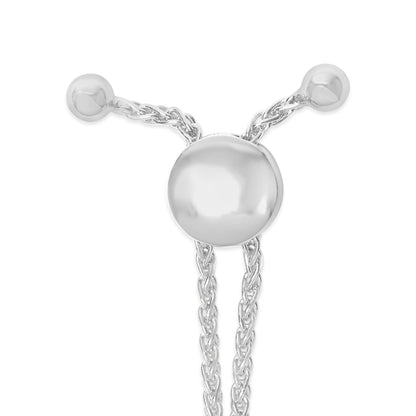 Close-up front view of a white metal bracelet with a circular element and braided chain details, shown on a white background.