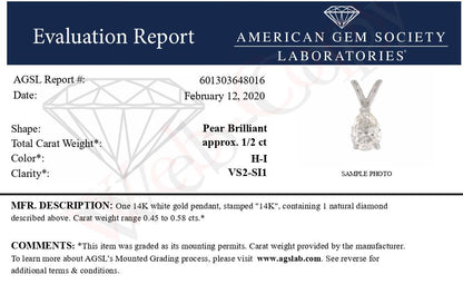 Alt text: White metal necklace pendant with a single pear-shaped white gemstone in a prong setting, shown from a front angle on a white background.