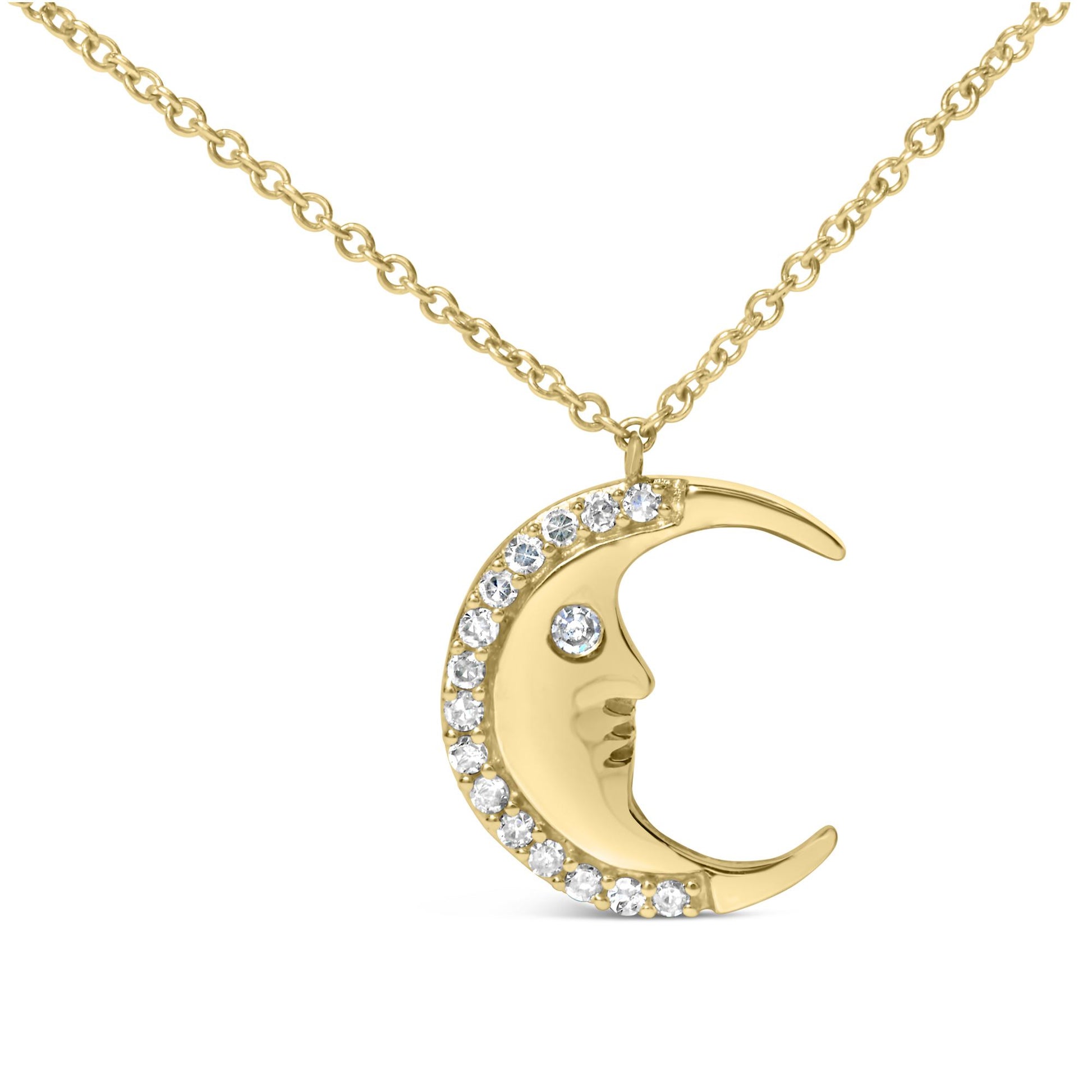 Yellow metal necklace with crescent moon pendant featuring a human face profile, adorned with round white gemstones along the edge and an additional gemstone as the eye, shown in a front-facing angle.