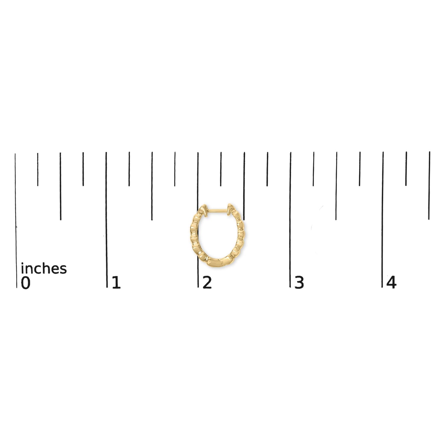 Front view of gold vermeil mini heart hoop earring showcasing pave-set diamond accents, photographed on an inch ruler for scale