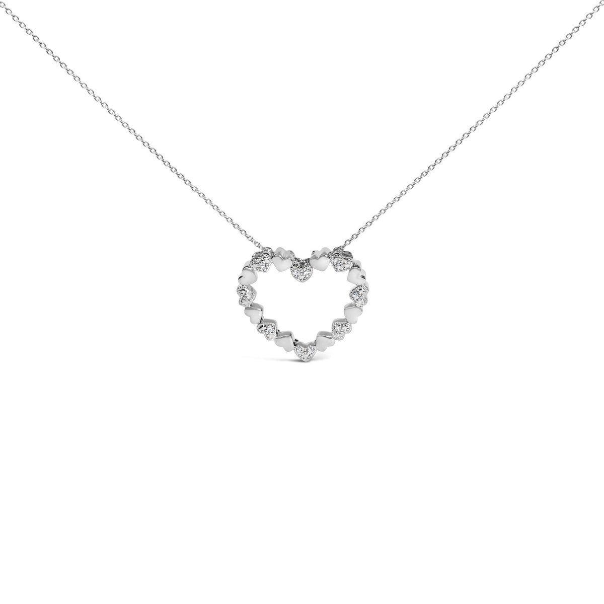 Sterling Silver Diamond Accent Open Heart Pendant Necklace with Alternating Heart Motifs