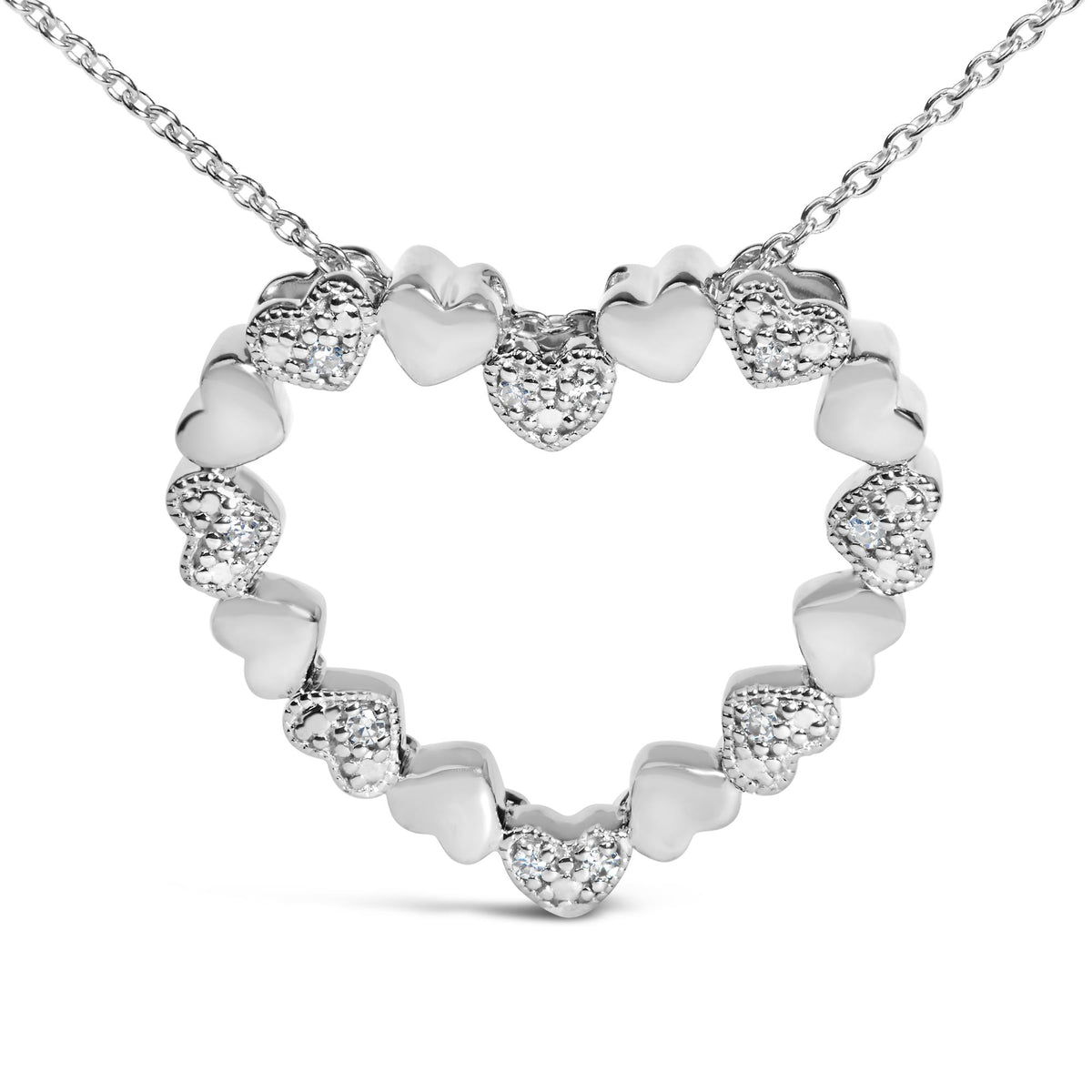 Sterling Silver Diamond Accent Open Heart Pendant Necklace with Alternating Heart Motifs