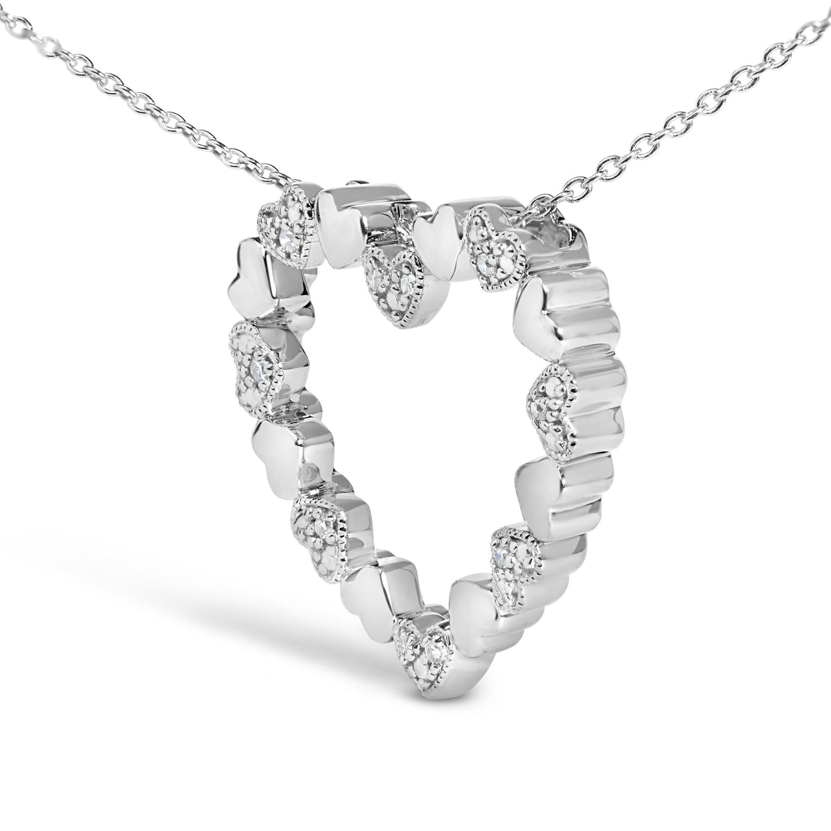 Sterling Silver Diamond Accent Open Heart Pendant Necklace with Alternating Heart Motifs