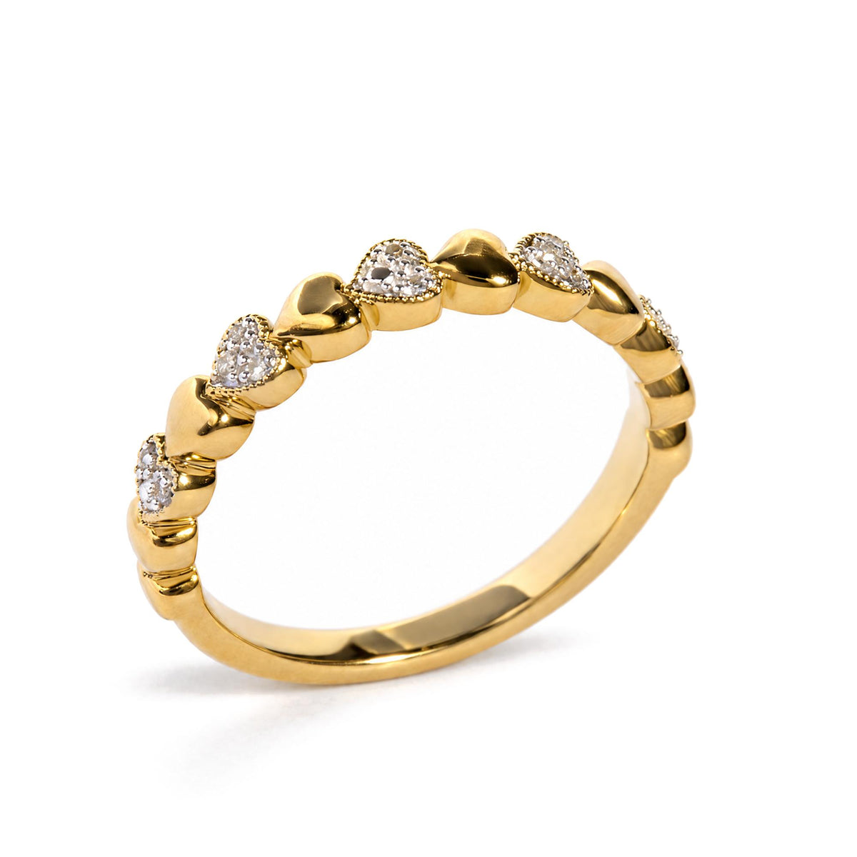 Close-up angled view of a yellow metal ring featuring alternating smooth heart shapes and heart shapes paved with small white gemstones.