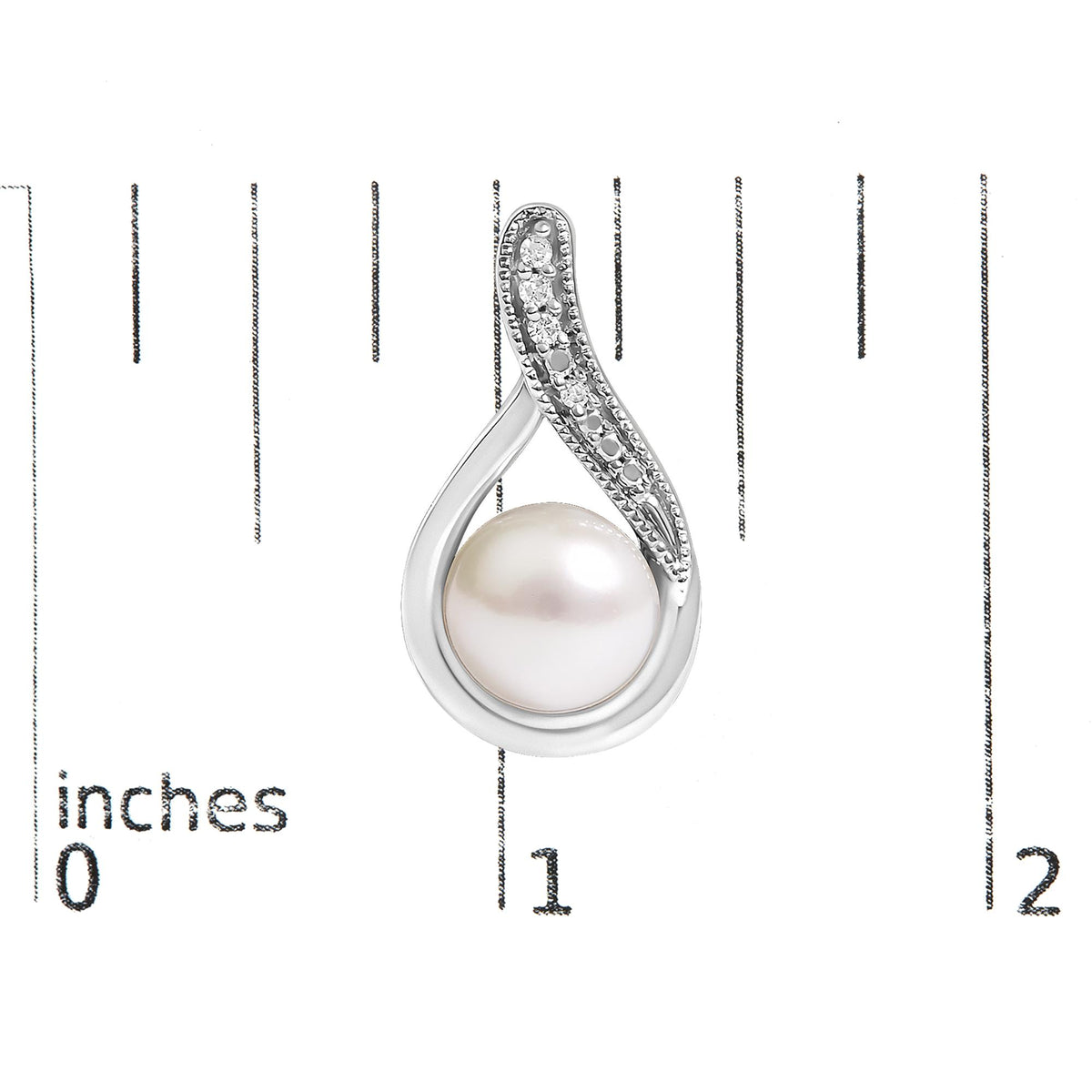 Close-up image of a white metal earring with an oval-shaped design featuring a large white gemstone at the bottom and a curved top section adorned with small round white gemstones in a pave setting, shown on a scale with inch markings.