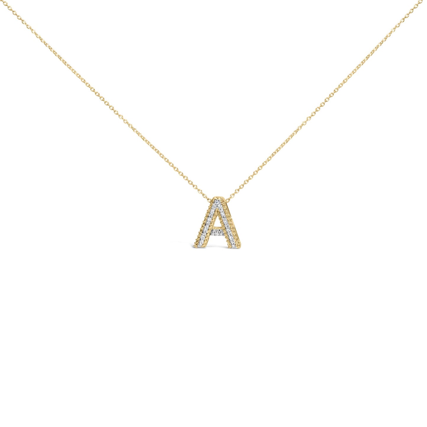 Yellow necklace with an A-shaped pendant outlined with white gemstones, shown in a front-facing close-up shot.