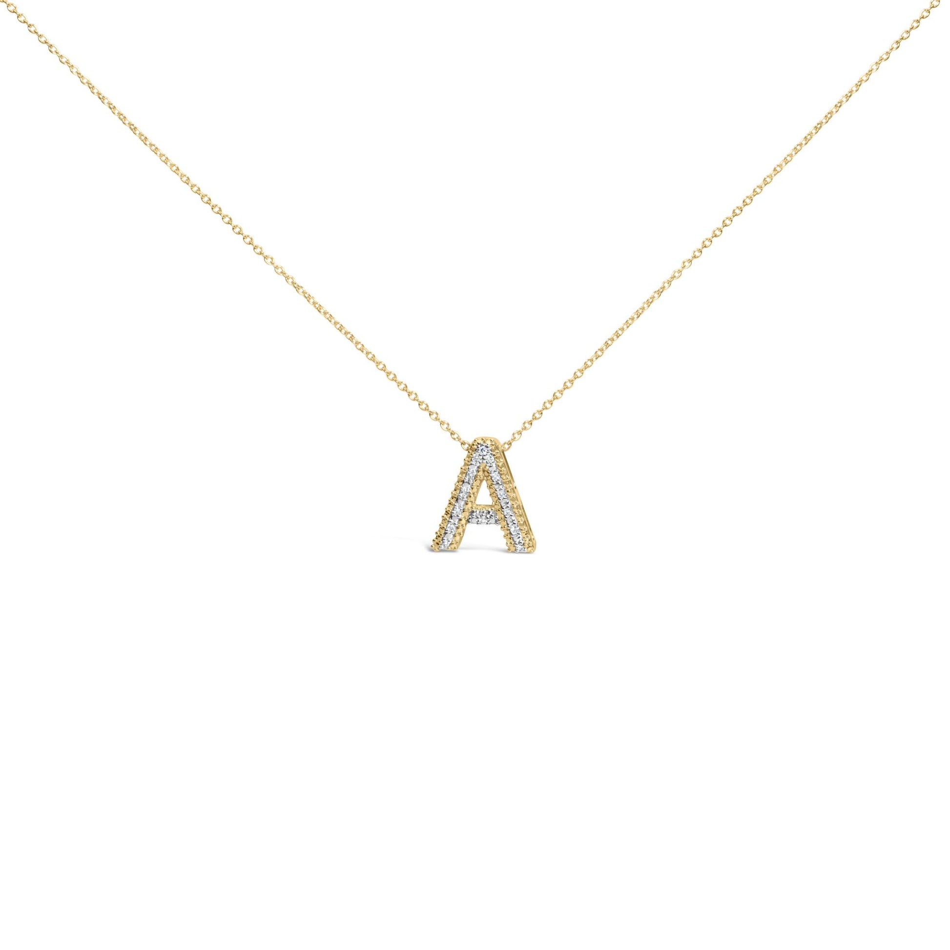 Yellow necklace with an A-shaped pendant outlined with white gemstones, shown in a front-facing close-up shot.