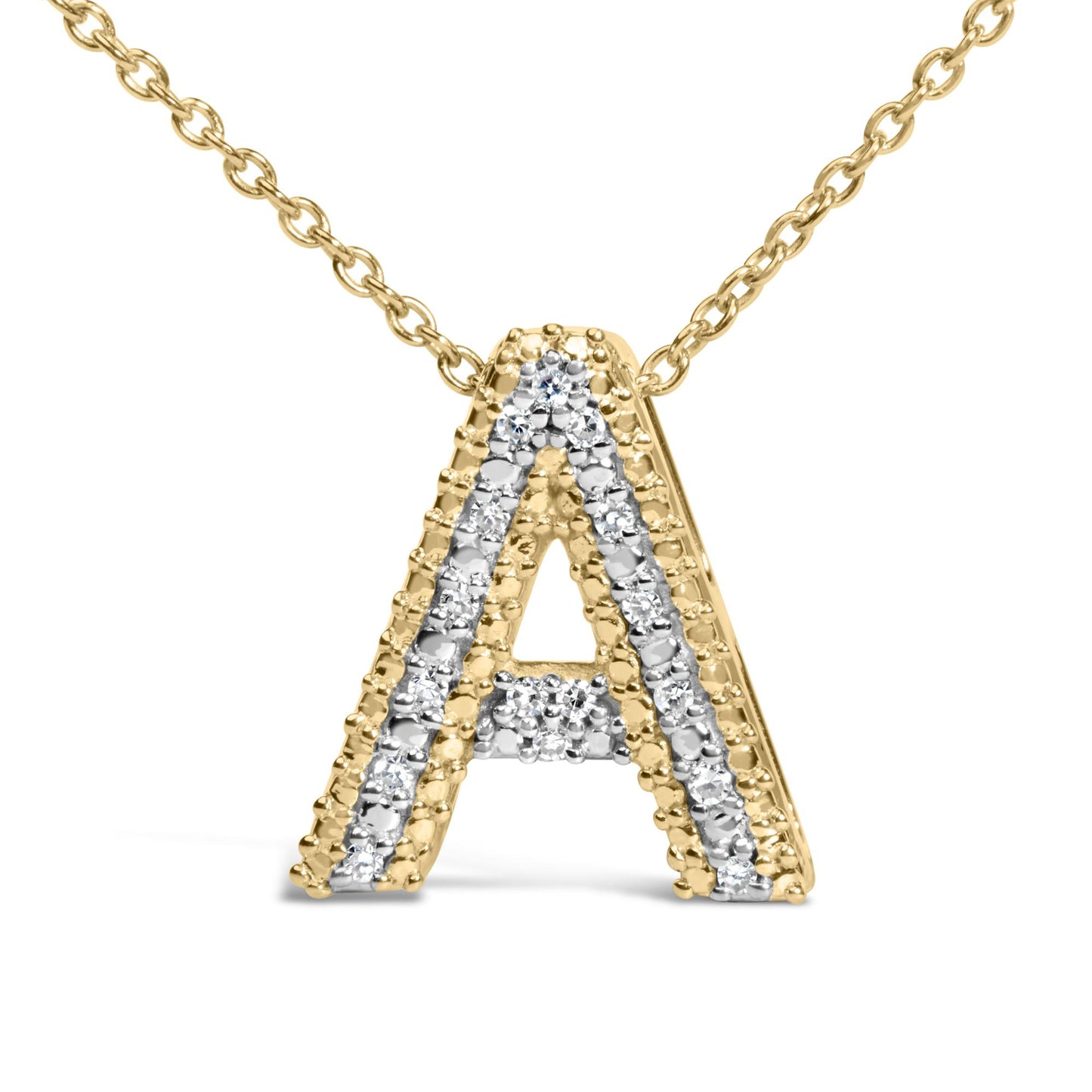 Close-up front angle of a yellow metal necklace pendant in the shape of the letter 'A' with white gemstones set in a prong setting along the pendant edges.