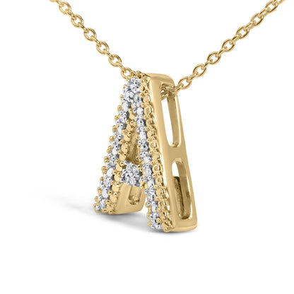 Close-up front view of a yellow metal necklace pendant with a curved triangular shape, featuring multiple rows of small round white gemstones in prong settings, shown on a white background.