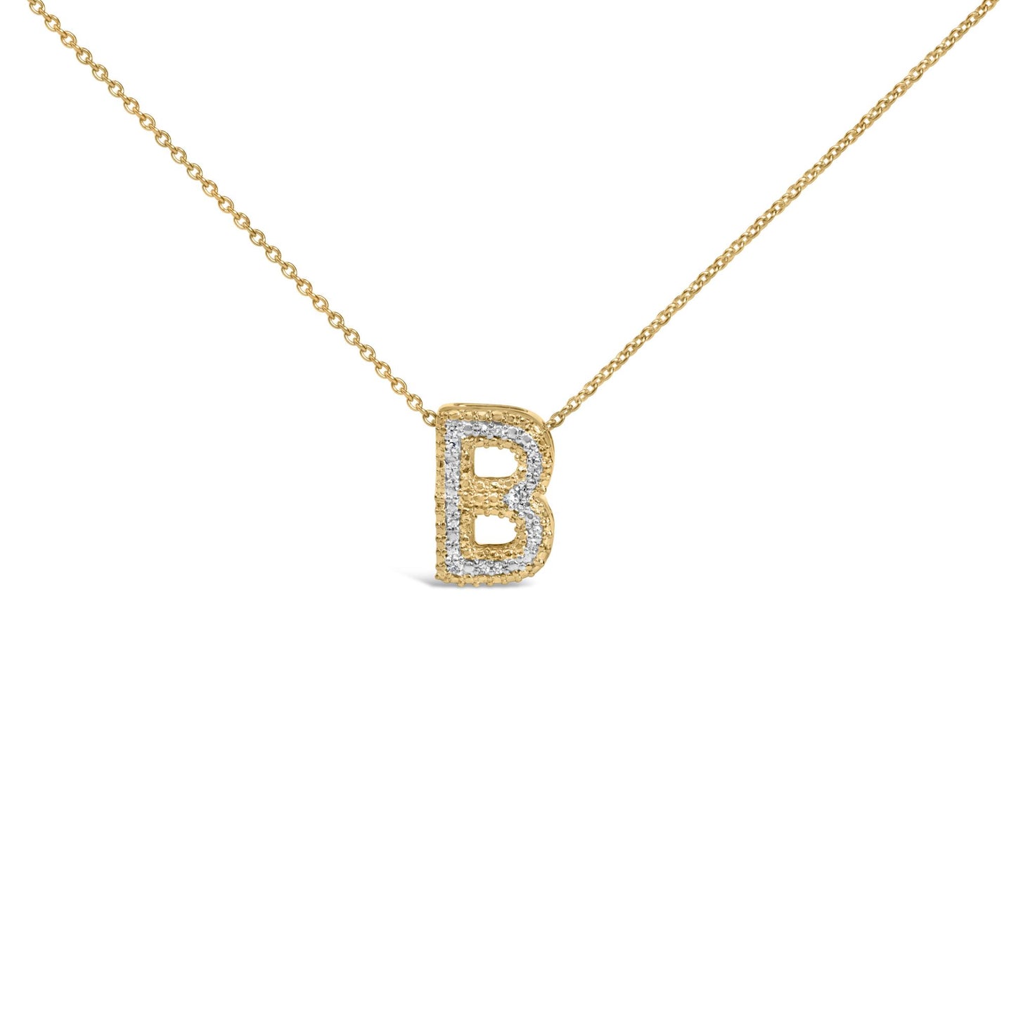 Close-up front view of a yellow metal necklace with a pendant shaped like the letter B, outlined with round white gemstones in prong settings, shown on a white background.