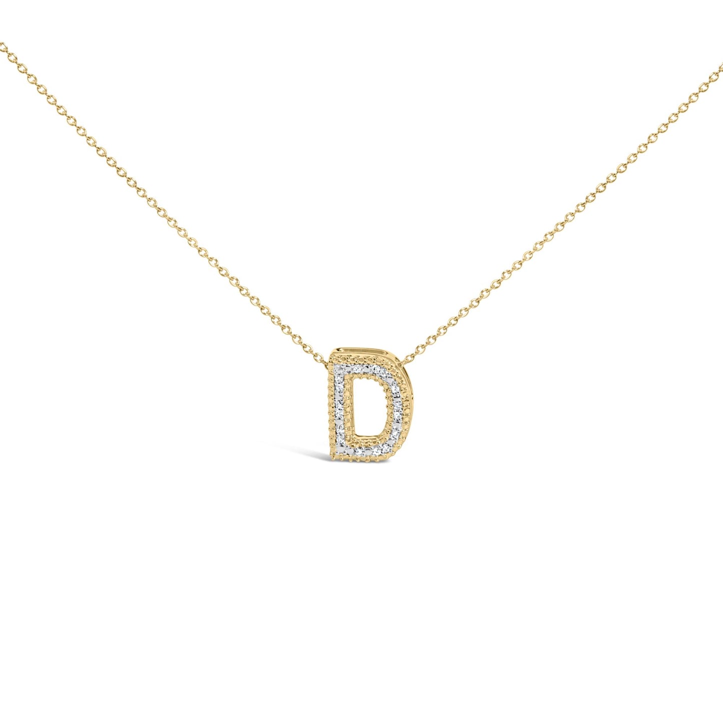 Close-up front view of a yellow metal necklace with a pendant shaped like the letter D outlined with white gemstones in prong settings.