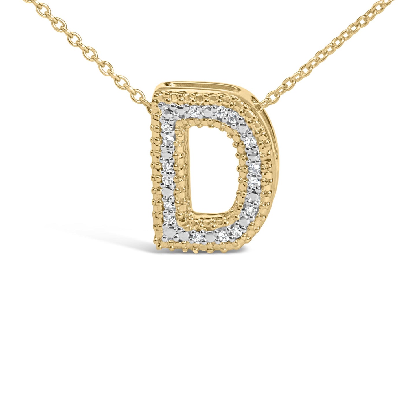 Close-up front view of a yellow metal necklace pendant in the shape of the letter D, outlined with small white gemstones in prong settings.