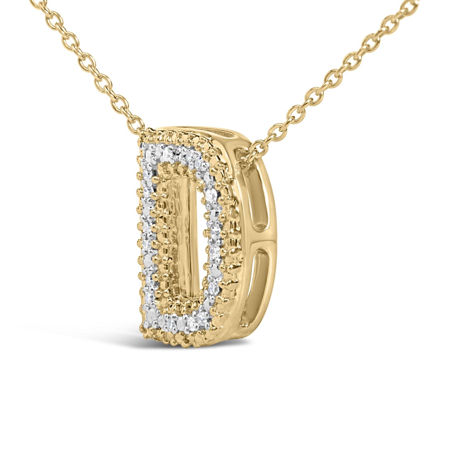 Close-up angled view of a yellow necklace with a rectangular pendant featuring white round gemstones in prong settings along the border.